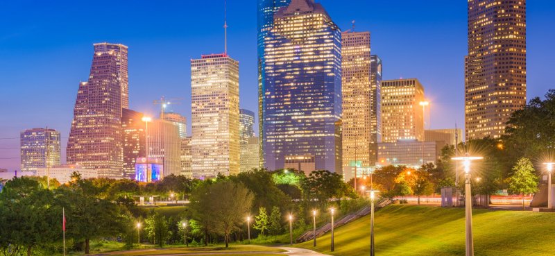 Houston,,Texas,,Usa,Skyline,And,Park,At,Dusk. Houston,,Texas,,Usa,Skyline,And,Park,At,Dusk.